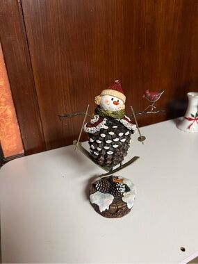 Festive Pinecone Snowman Holiday Figurine with cardenal bird